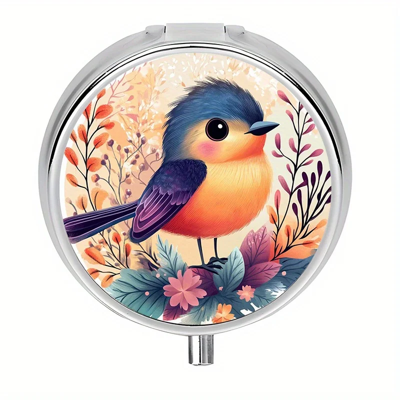 Single-piece, flat, 3-compartment box, cute bird-themed box, decorative portable case, used for travel and storing vitamins. This is a decorative metal storage box that can hold medicines and vitamins