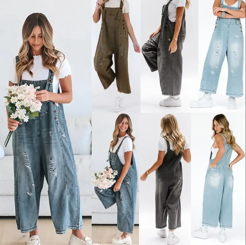 

Women Denim Bib Overalls Ripped Baggy Jean Jumpsuit Romper Pants with Pockets for Streetwear