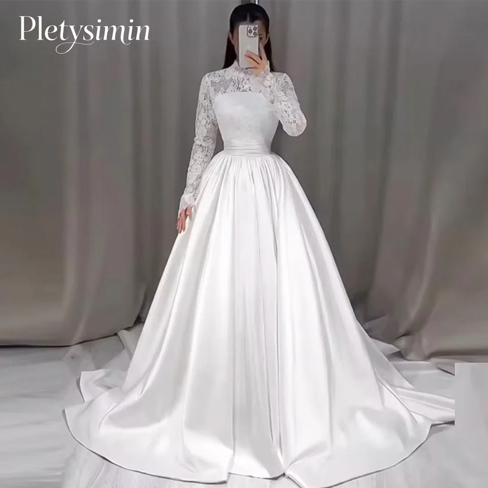 아랍 무슬림 웨딩드레스 하이넥 레이스 긴팔 브라이덜 가운 A라인 새틴 브라이덜 가운 맞춤 제작 웨딩드레스