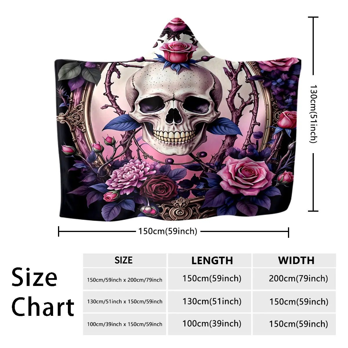 1pc Gothic Skull Rose Printed Hat Blanket Flannel Hoodie Wearable Cape Blanket Soft and Casual, Can Be Washed - view 3
