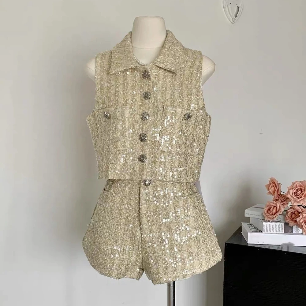 

Hot Girl Suit Women's Summer Small Fragrance Sequin Sleeveless Tank Crop Top+versatile A-line Shorts 2-piece Chic Female Clothes