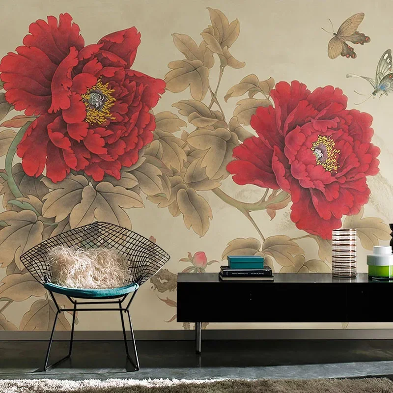 

Custom Mural Classical Red Peony Wall Decor Painting Study Living Room Bedroom Photo Backdrop 3D Wallpaper Flower Papel De Pared