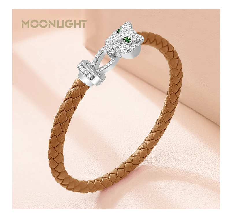 MOONLIGHT Classic Design Exquisite Cheetah Zircon Bracelet for Women Braided Leather Bracelet Quality Banquet Couples Gift