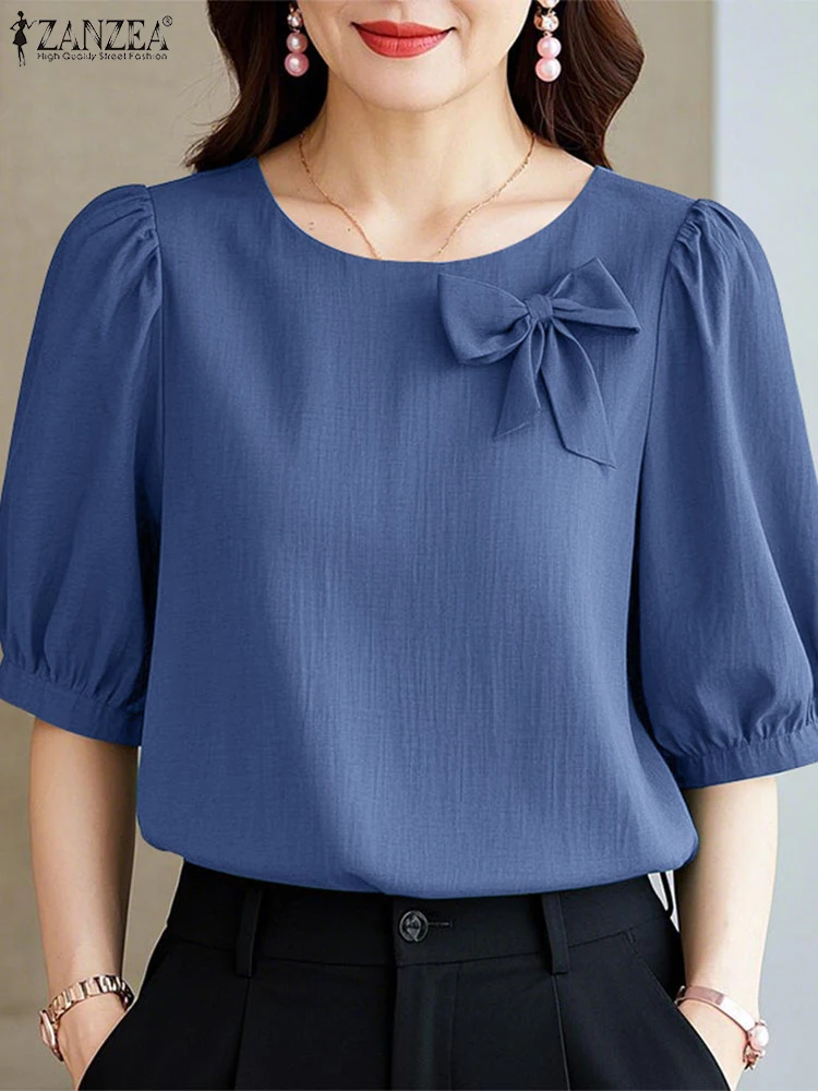 

ZANZEA Summer Elegant Short Puff Sleeve Office Shirt Women Solid Work OL Blouses Casual O Neck Blusas Stylish Holiday Tunic Tops