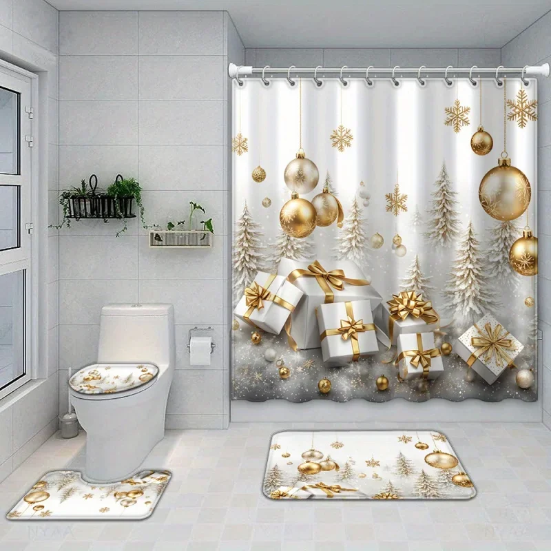 1/4pcs Christmas Gray and White Background Golden Gift Box Printed Curtain, Waterproof Polyester Fabric, Shower Curtains