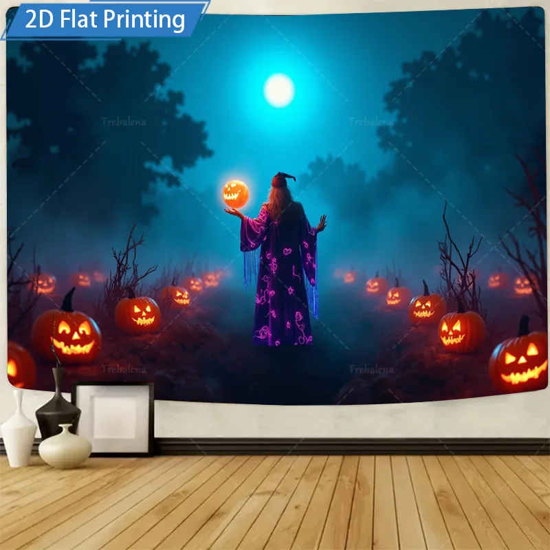 قطعة واحدة من نسيج الجدار المزخرف على شكل يقطين الهالوين - مشهد ليلي مخيف مع اكتمال القمر والساحرة