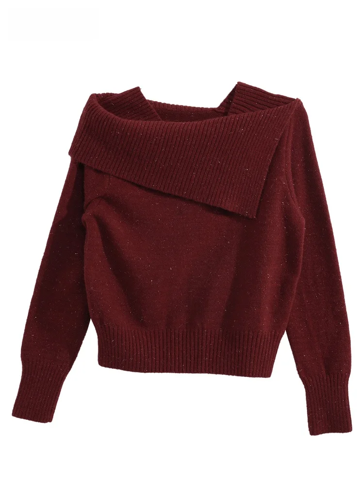 

Spring New Arrival Women's Knitted Sweater Overhead One-oulder Fraance Sle Long Sve Regular Thin Pure Color