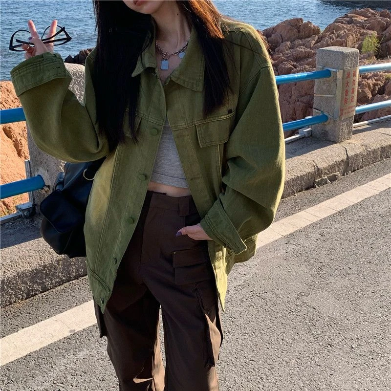 

Women Jacket Vintage Workwear Denim Coat 2025 New Spring and Autumn Design American Long Sleeve Jacket Top Female