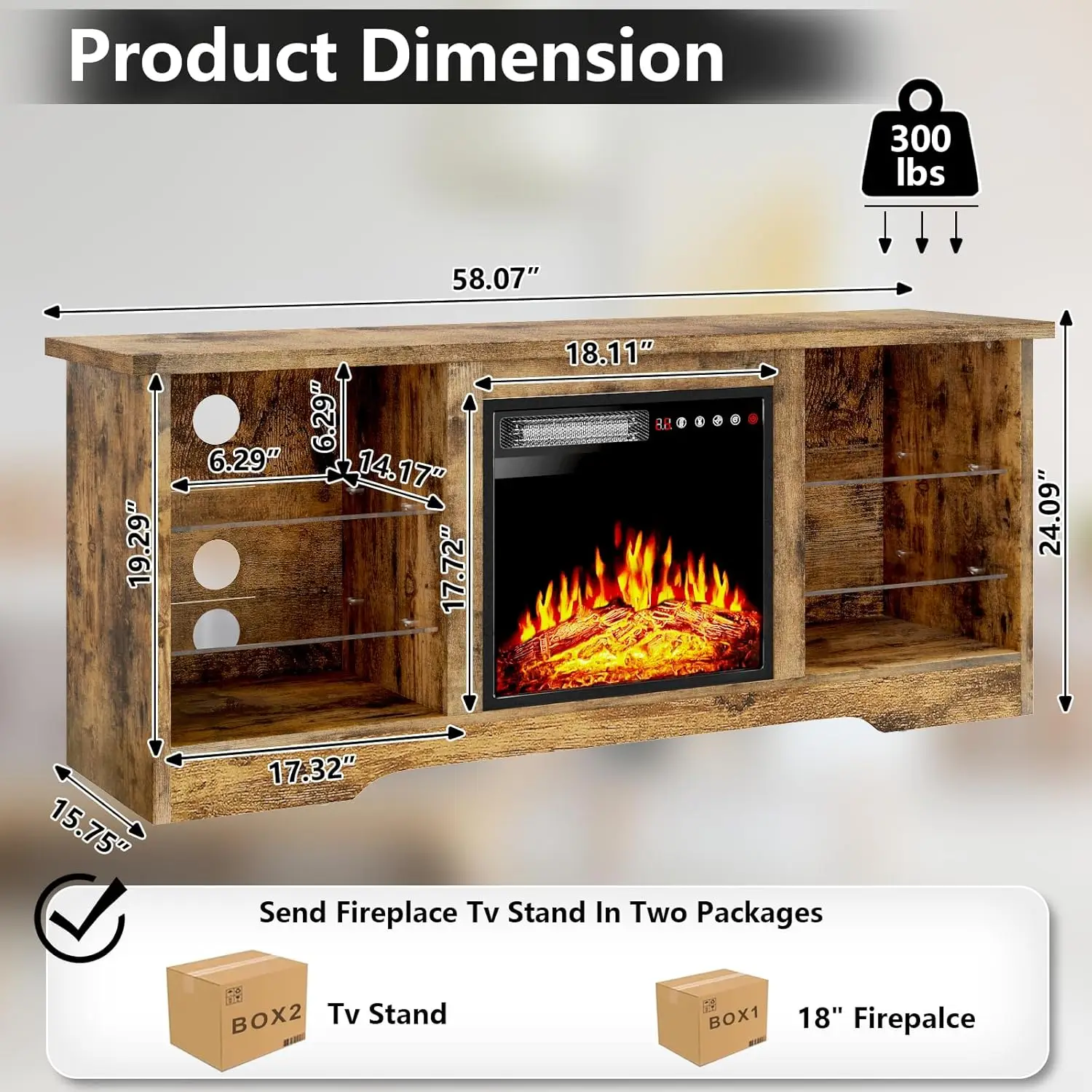 Fireplace TV Stand with 18''Fireplace, Modern Entertainment Center for TVs up to 68 inch, Media TV Console with Glass Shelves