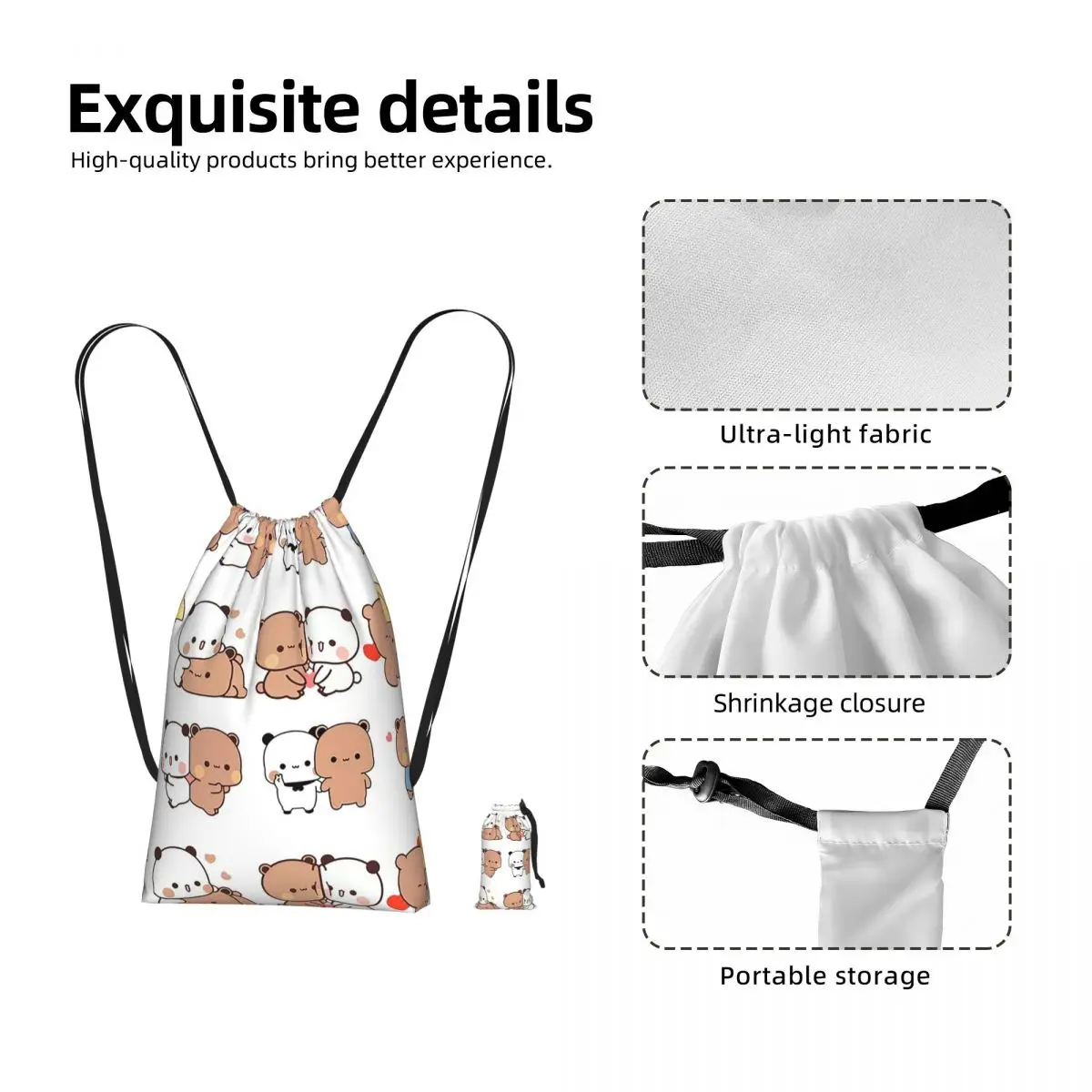 Bubu Dudu Bear And Panda Drawstring Backpack hiking cycling Bag Lightweight Foldable Storage Drawstring Bag for Men Women