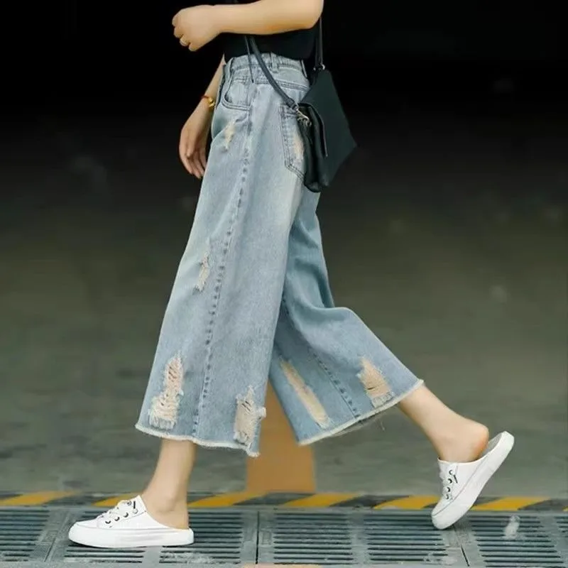 

Women's Wide Leg Pants Shorts Denim Banana Trouser Clothes Hole Straight Raw Edges High Waisted Slim Fit Casual Summer Loose