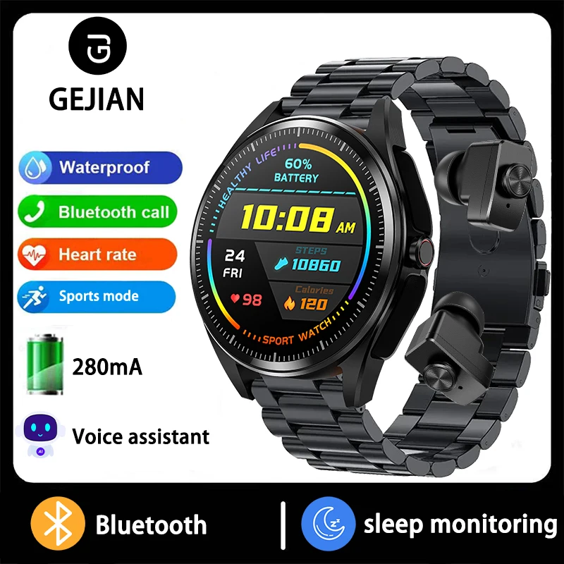 

GEJIAN Новые Bluetooth-часы с вызовом 5,3 и встроенными наушниками, 1,39-дюймовый TFT-сенсорный экран, часы для мониторинга сердечного ритма и сна