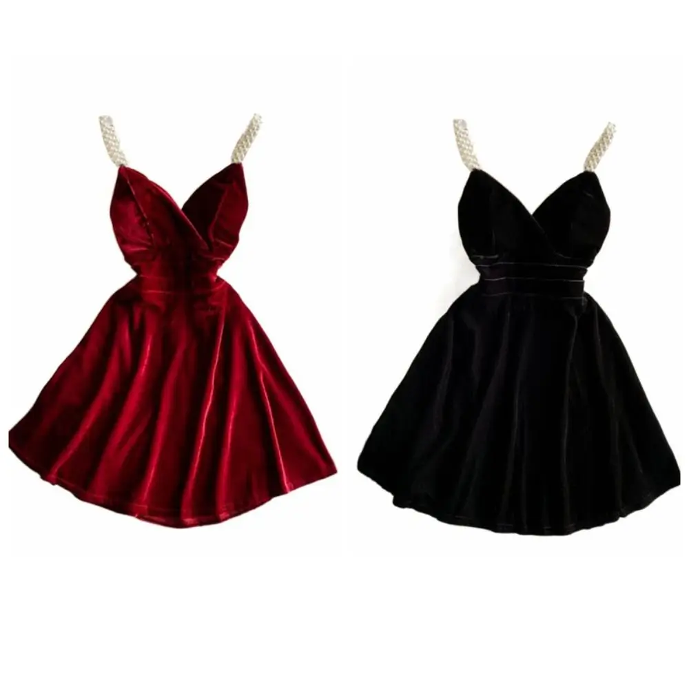 エレガントなパールストラップベルベットスリムスリングドレス V ネック薄いベルベットプリンセスドレスノースリーブハイウエストチェリーゴールドドレス夏