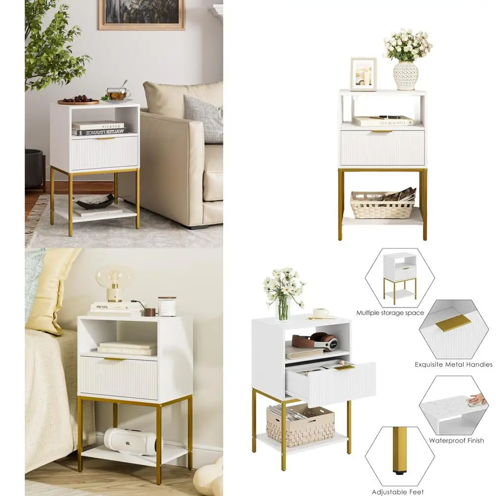 

Contemporary 3-Tier White Nightstand with Gold Frame for Bedroom and Living Room Storage