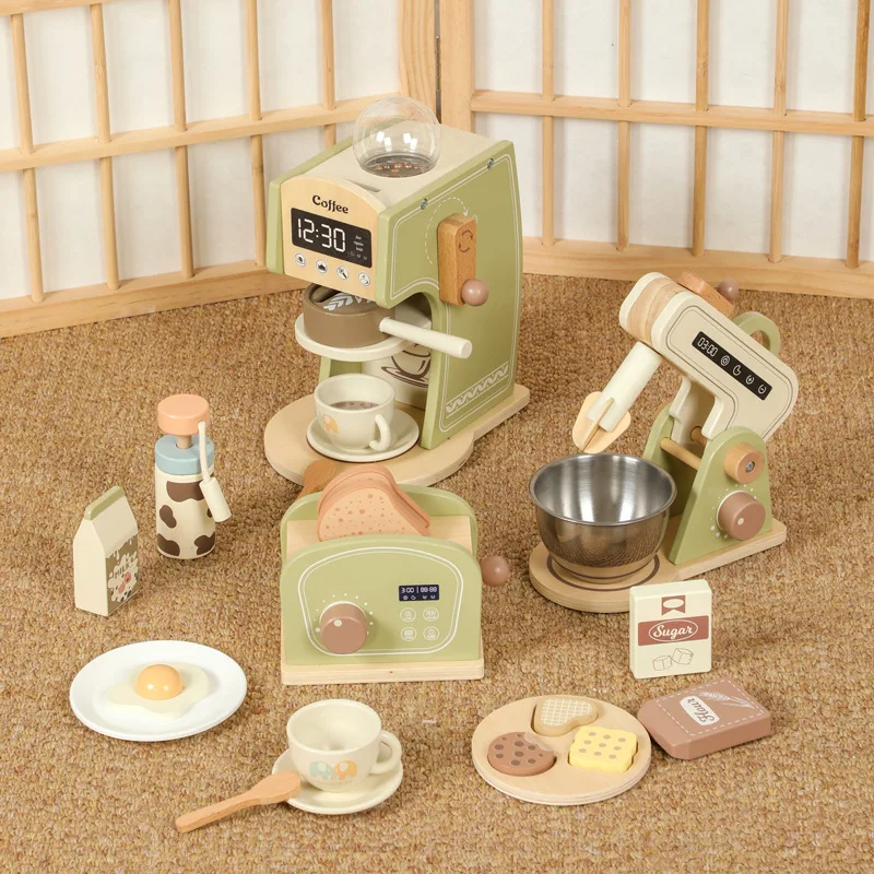 Wooden Kitchen Play Set - Realistic Coffee Maker, Blender & Toaster Toys for Toddler Pretend Play & Early Education