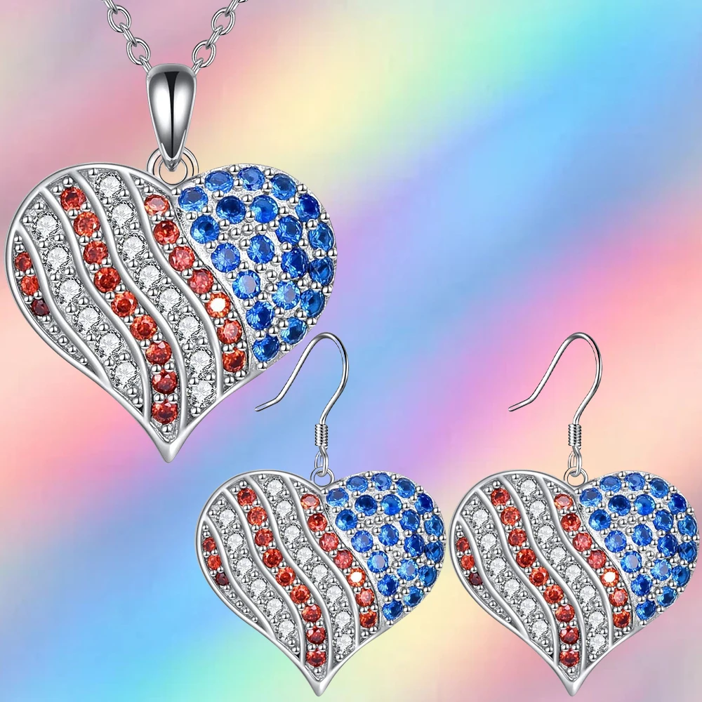 3pcs American Flag Necklace Earring Set American Flag Heart Pendant Independence Day Jewelry Set Gift  jewelry sets for women