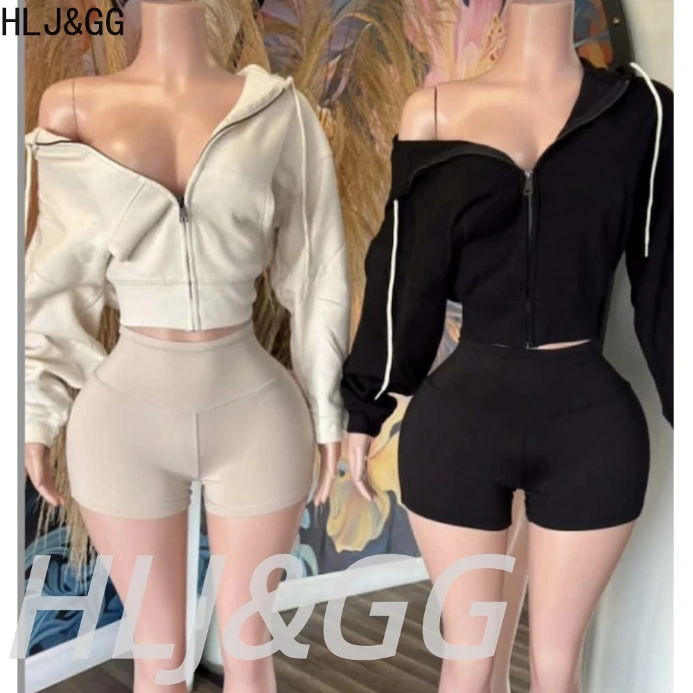 HLJ&GG High Quality Washed Casual Zip Hooded Two Piece Sets Women Long Sleeve Top+Biker Shorts Outfits Fashion Sporty Streetwear - Image 2