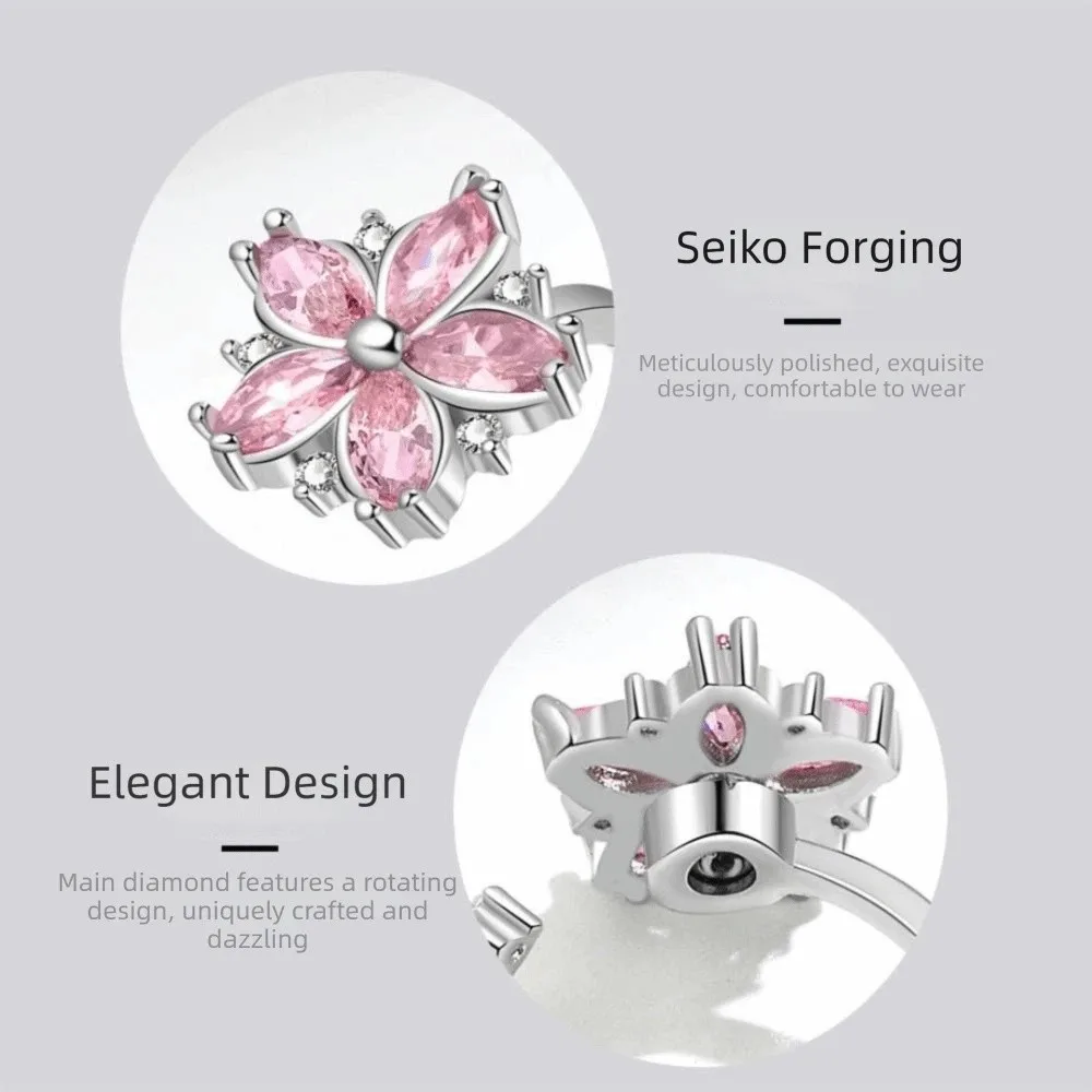 Rotating Design Rotating Ring Female Ring Zircon Flower Pink Zircon Ring Romantic Style Synthetic Zircon Cherry Blossom Ring