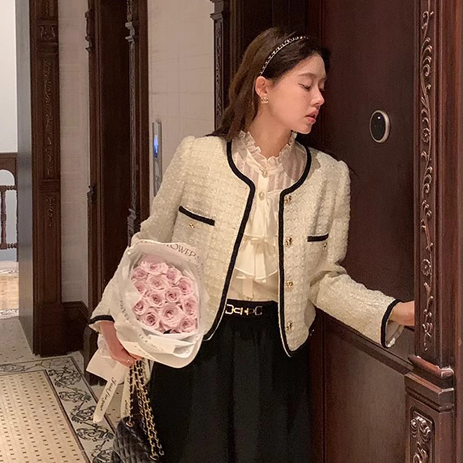 French Style Small Fragrant Coat Women\'s Spring and Autumn Short  Blazer Temperament Coarse Tweed Vintage Jacket Chic Elegant