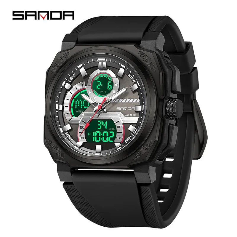 SANDA-reloj electrónico para hombre, pulsera deportiva multifuncional cuadrada con correa de silicona, pantalla Digital analógica, 3356