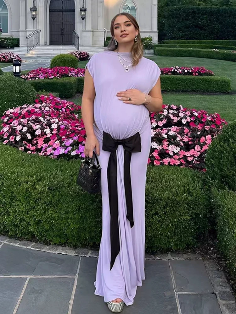 فستان أنيق للتصوير الفوتوغرافي للأمهات برقبة عالية بدون أكمام فستان ماكسي مع ربطة عنق للحمل والتقاط الصور وحفلات استقبال المولود الجديد #2