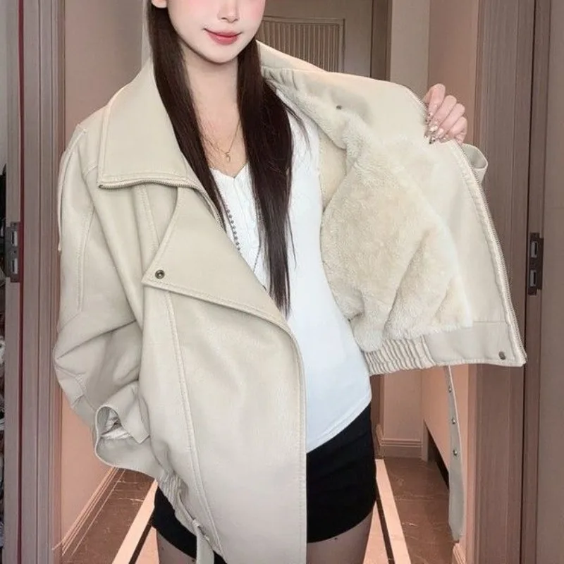 Fleece And Thick Autumn And Winter New Leather Jacket Women's Hong Kong style Versatile Leather Jacket Loose Locomotive Clothes