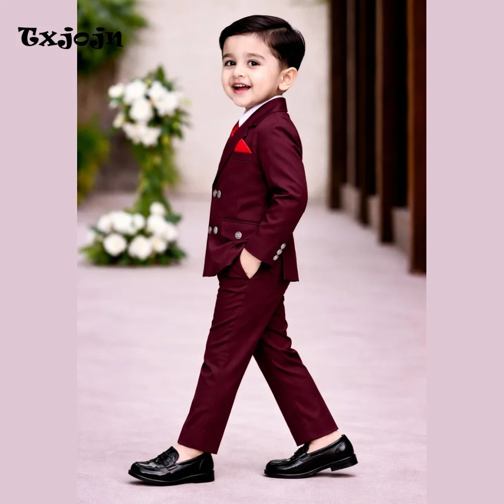 Tailored Boys Suit 2-piece Set (Jacket Pants) Wedding Tuxedos Pointed Collar Double Breasted Wine Blazer Pants for Formal Events