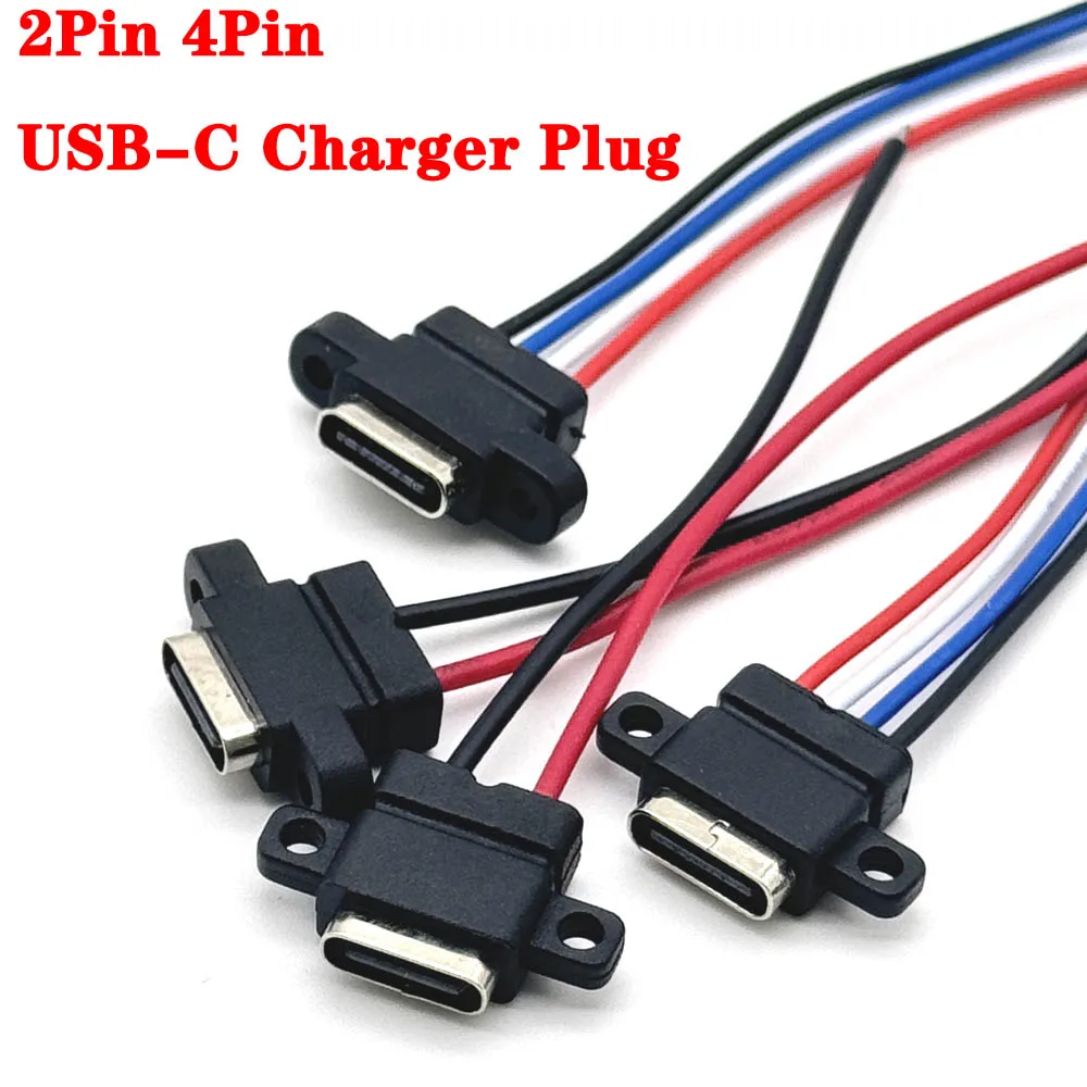 1pcs USB-C High Current Charging Socket With Rubber Ring 2Pin 4Pin Straight ear Side Ear Type C Waterproof Female Connector Jack