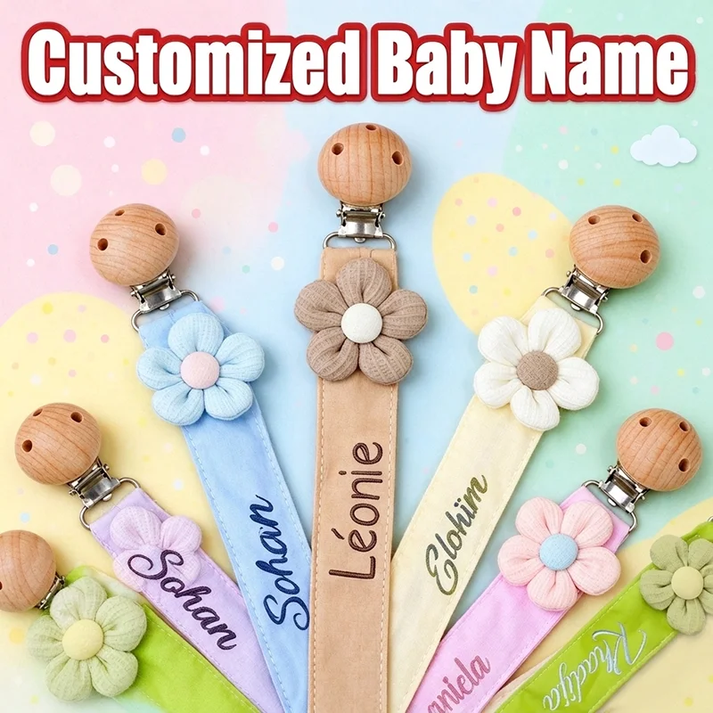 Personalized Embroidered Name Pacifier Clip Floral Cotton Beech Wood Anti Lost Dummy Holder BPA Free Newborn Baby Shower Gift