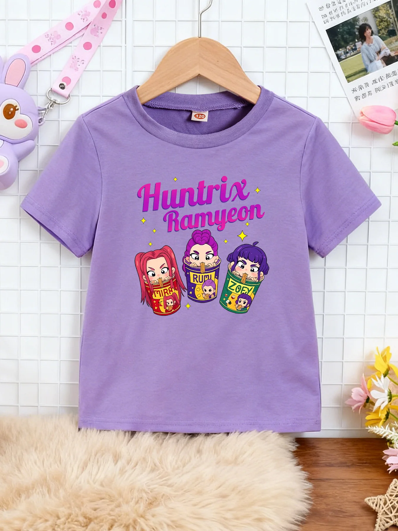 

Purple Children's Short-Sleeved T-Shirt Trendy Cartoon Characters Printed Bubble Noodle Elements Design Girls Summer Round Neck