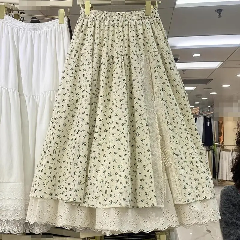 

2-300 Jin Large Size French Floral A-line Skirt for Women Fat Mm Loose Slim Design Slit Mid-length Skirt