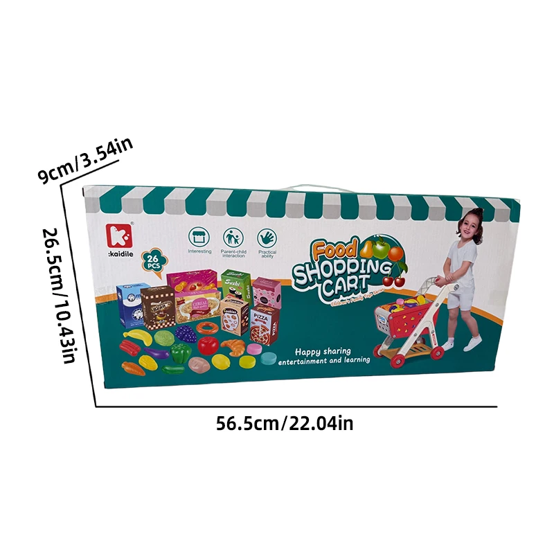어린이 쇼핑 카트 장난감 17PCS – 레드 |   과일 및 음식 상자가 포함된 소꿉놀이 세트 |   바퀴와 수납공간이 있는 48cm 푸시카트 |