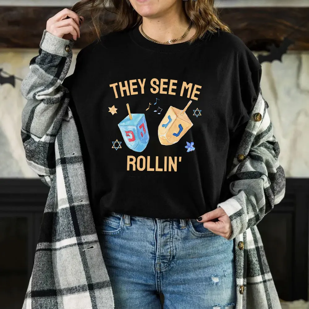 Hanukkah Menorah Printed T-shirt Hanukkah Holiday Jewish Religious Ritual Shirt Woman Man Cotton O-neck Short-sleev Tops Tee