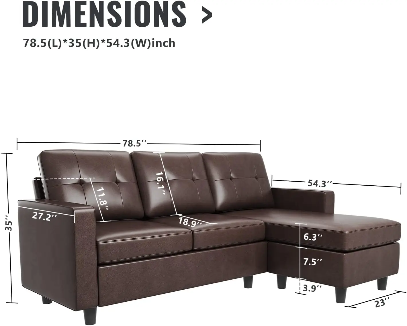 Faux Leather Sectional Sofa Convertible Sectional Couch L Shaped Couch Sofa for Small Space Brown Easy to clean Easy assembly