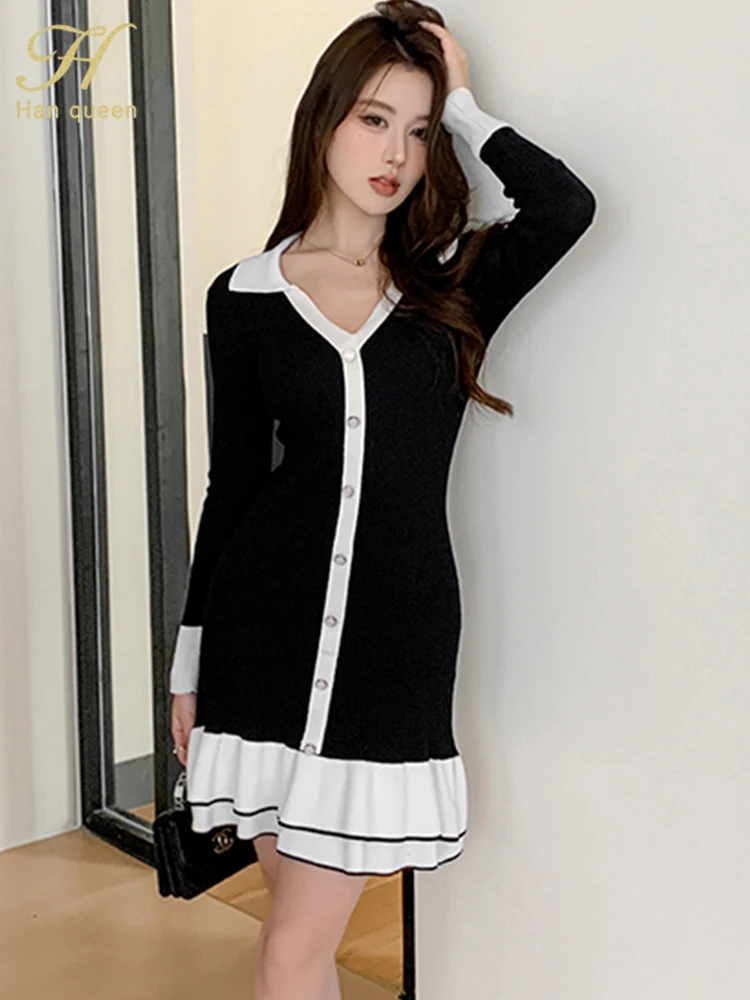 أسود أبيض المرقعة واحدة الصدر لينة فساتين الحفلات المرنة الخريف محبوك سترة كشكش غمد فستان رصاص #6