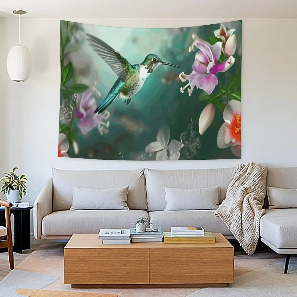 Tranquil Hummingbird Tapestry,Peaceful Green Hummingbird Flying by Pink and White Flowers Print Wall Hanging for Cozy Home Decor