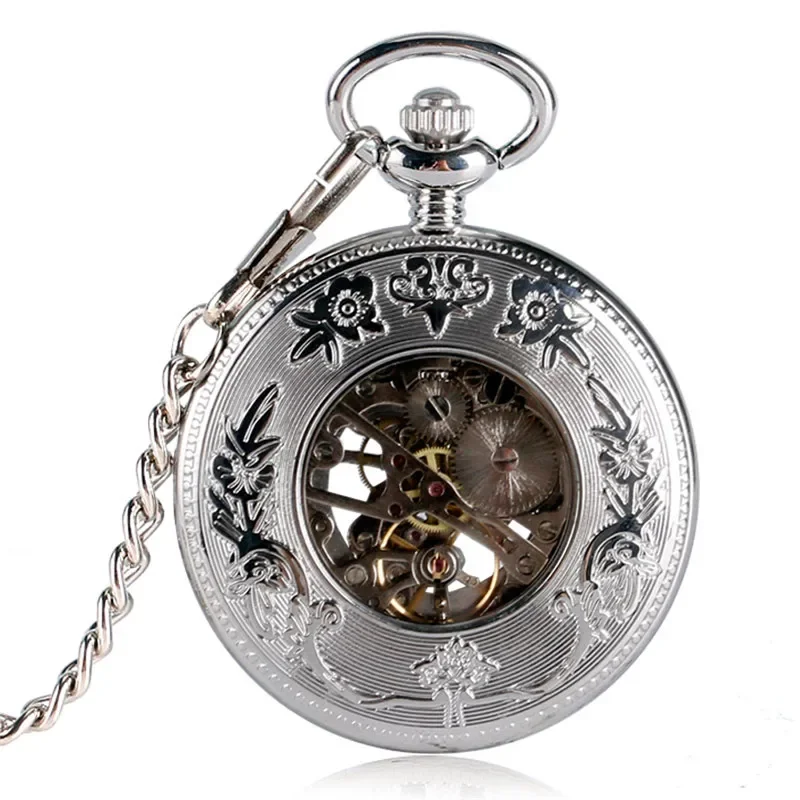 Antique Silver Black Unisex Pocket Watch Handwinding Mechanical Skeleton Watches Roman Number Clock with Pendant Chain Reloj