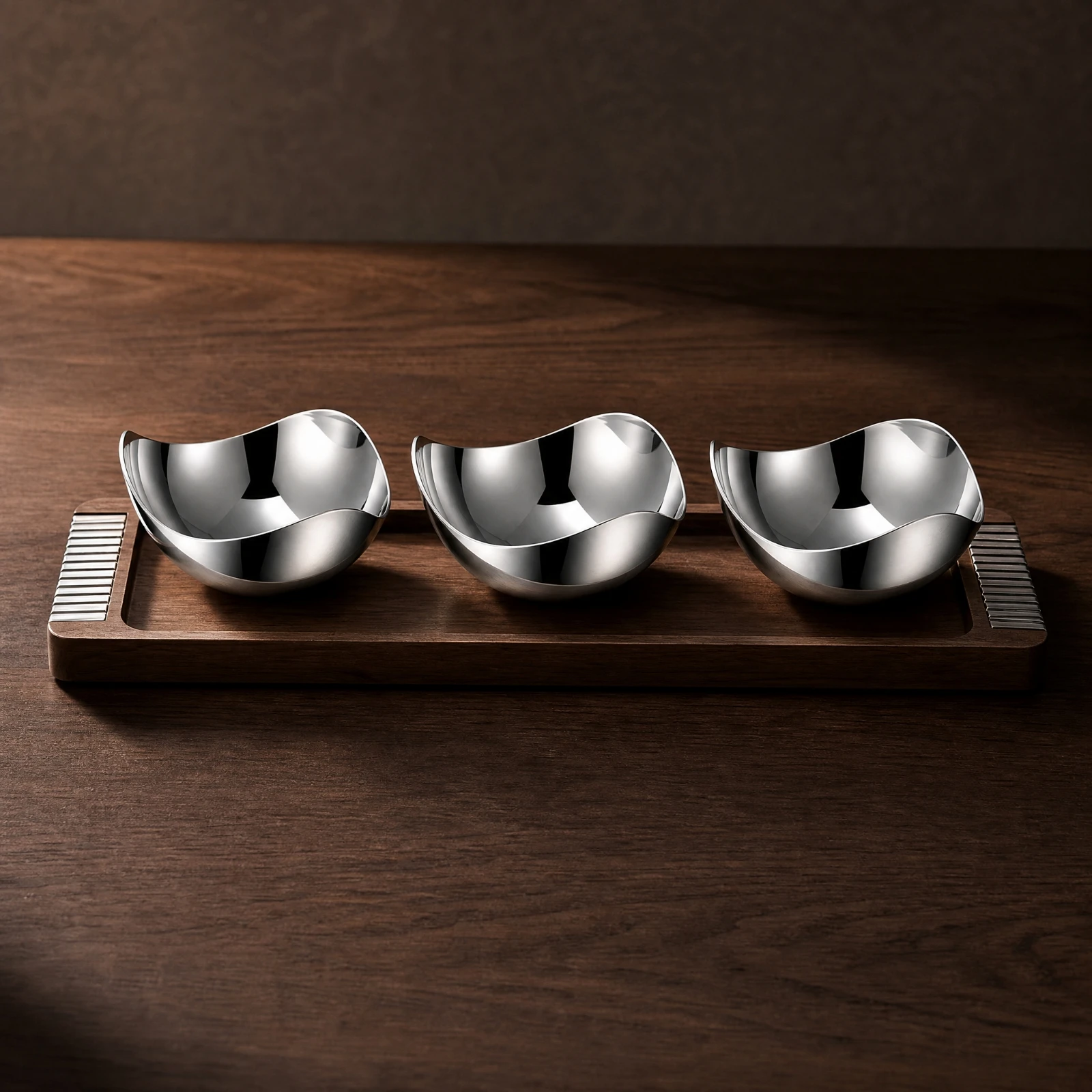 3 Pieces Serving Bowl with Tray Reusable Stainless-Steel Serving Bowl with Wooden Tray Tableware Space-Saving Rust-Resistant