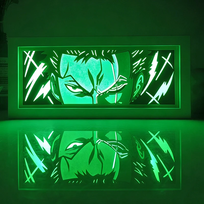 One Piece Zoro Anime Leuchtkasten Papierschnitt Schatten Holzrahmen Schlafzimmer Deko LED Nachtlicht Gamer Schlafzimmer 3D Schreibtischlampe Süßes Geschenk