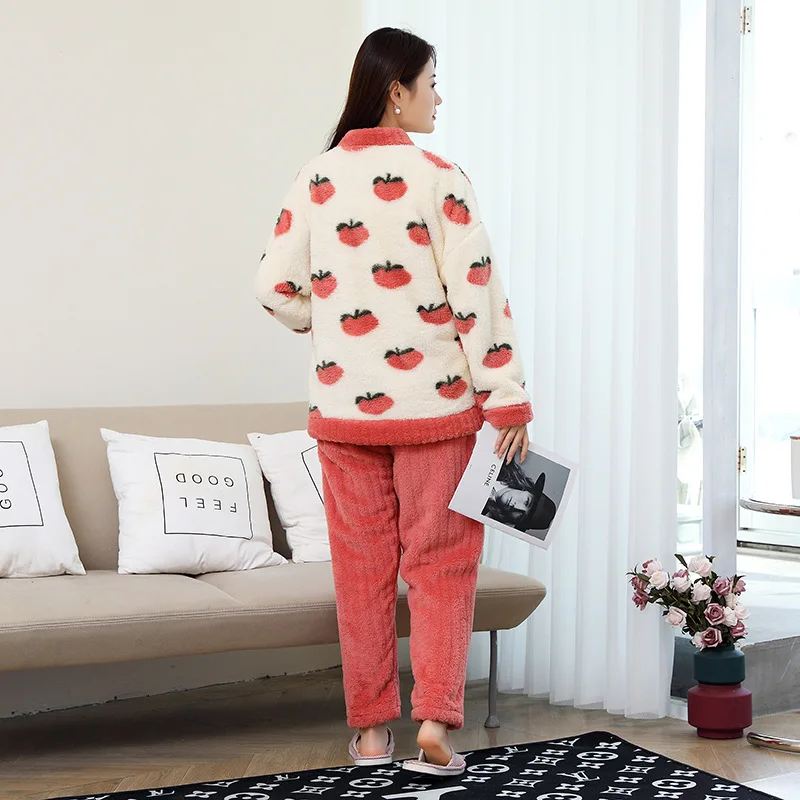 Women's Warm Fleece Pajamas Set Winter Flannel Long Sleeve Sleepwear Casual Loungewear Set Soft Button Down Pjs Set with Pockets