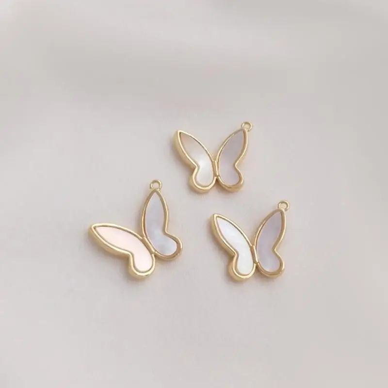 14K Gold Color Inlaid Natural Mother Shell Butterfly Pendant Handmade DIY Bracelet Earrings Necklace Collarbone Chain Pendant