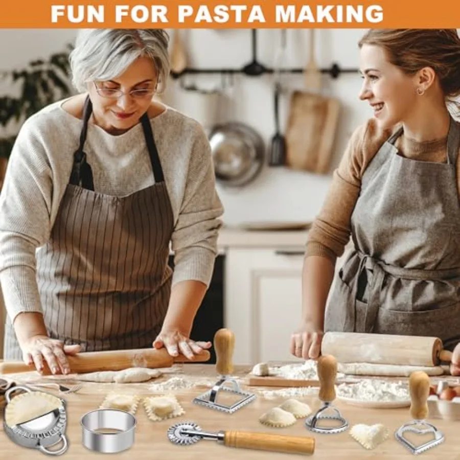ماكينة صنع المعكرونة رافيولي مع مجموعة عجلات دوارة مكونة من 6 أدوات صنع معكرونة رافيولي محلية الصنع بمقبض خشبي مثالية للحرف اليدوية