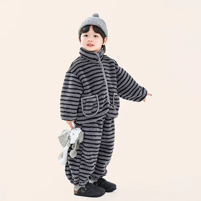 

UNITIM Kids Baby Boys Pajama Sets Striped Turtleneck Thick Warm Children 1-8Y Boys Loungewear Top+fleece Teen Boy Velet Pant