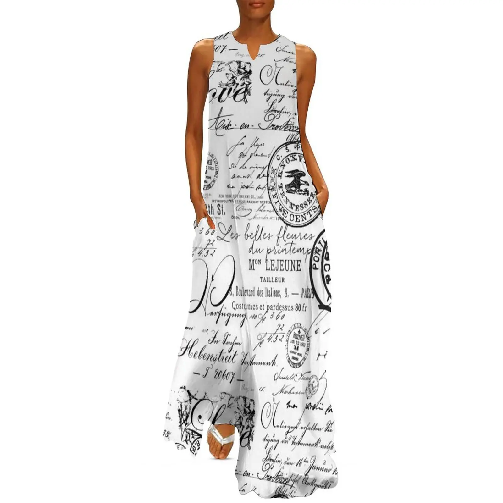 

Black and White Ephemera and Handwriting Long Dress chic and elegant woman dress Female dress