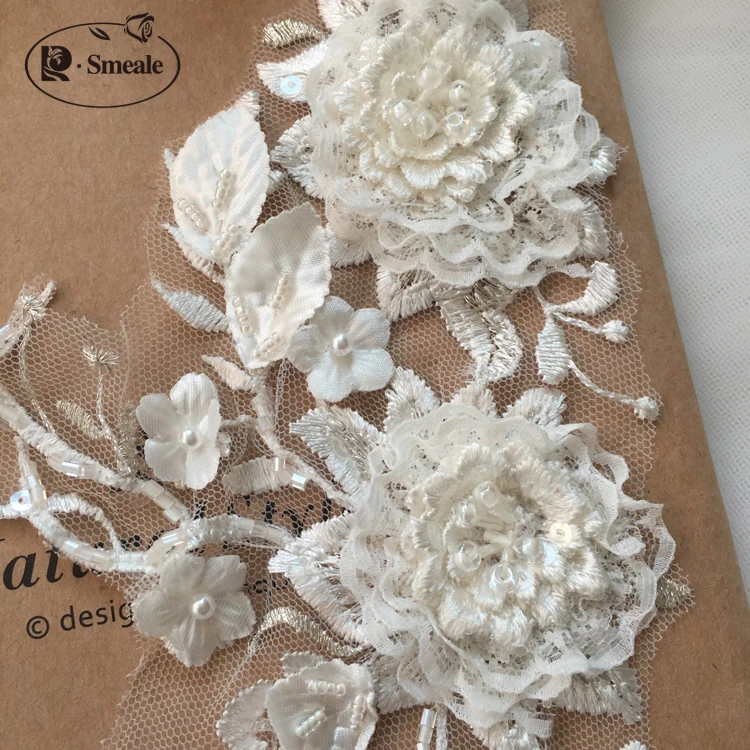 Handmade Beaded Lace Accessories for Wedding Dance Wear, 3D Flowers, Off-White Silver, DIY, RS2673