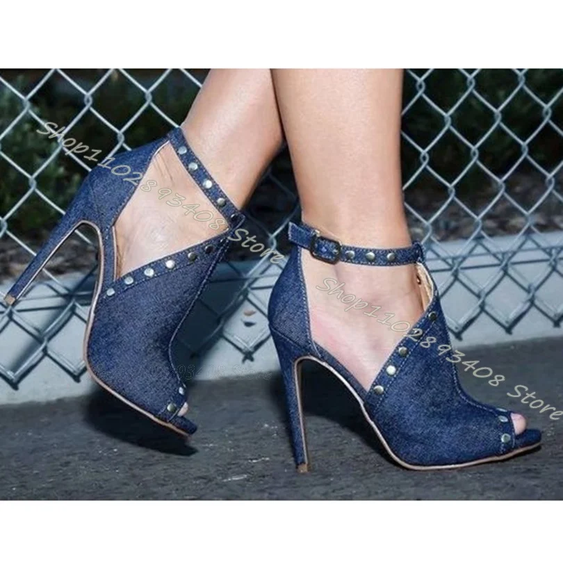 

Denim Blue Rivet Decor Sandals Peep Toe Ankle Buckle Thin High Heels Women Shoes Elegant Dress Women Sandals Zapatos Para Mujere