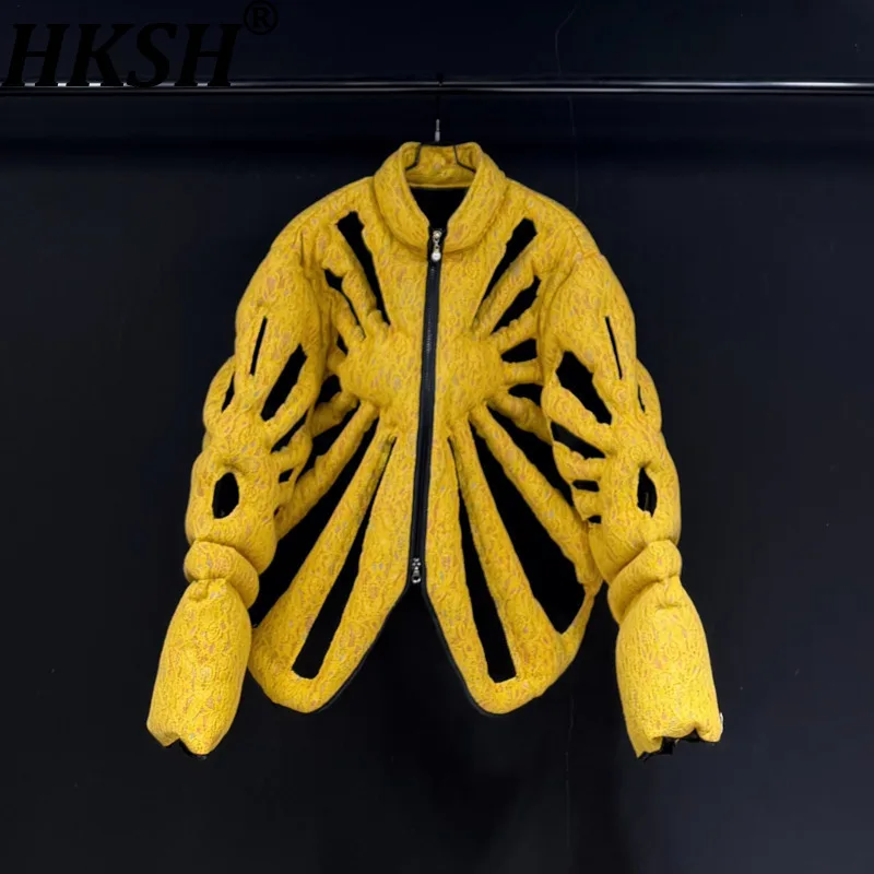 

HKSH Autumn Winter New Men Trend Casual Hollow Out Lace Design Stand Collar Jacket Women Fashion Performance Padded Coat HK15208