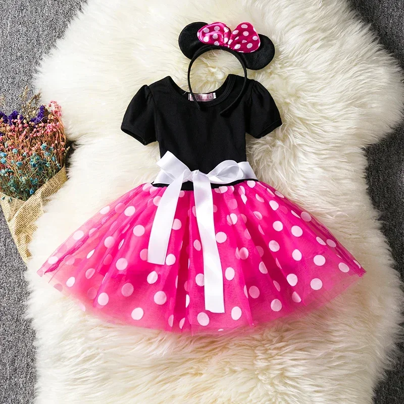 Girls Cosplay Cartoon Minnie Costumes 2024 Kids Summer Short Sleeve Polka Dot Princess Dress Up Children Birthday Party Clothing