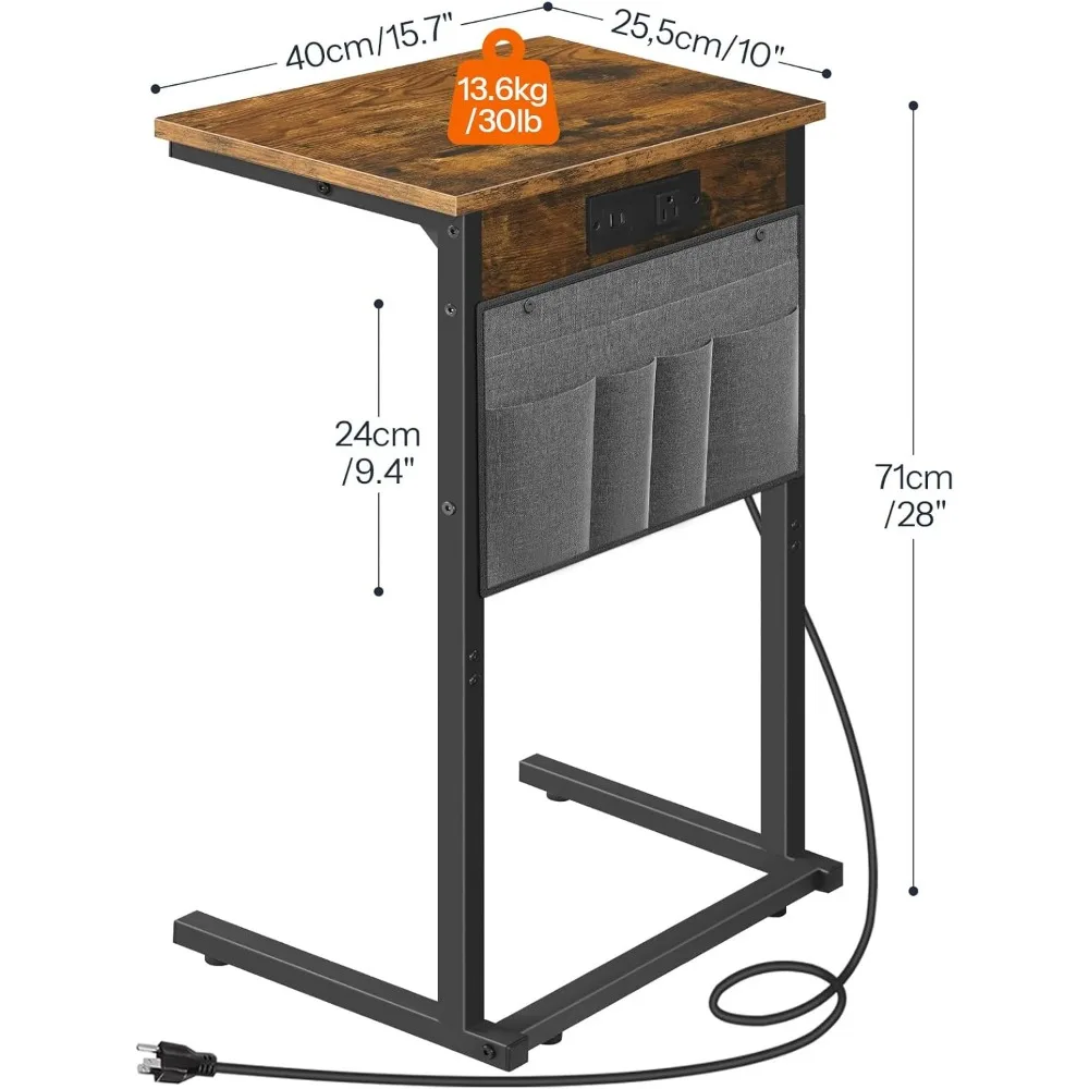 C-Shaped End Table with Charging Station, 28" H Sofa Side Table with Storage Bag for Living Room, Rustic Brown