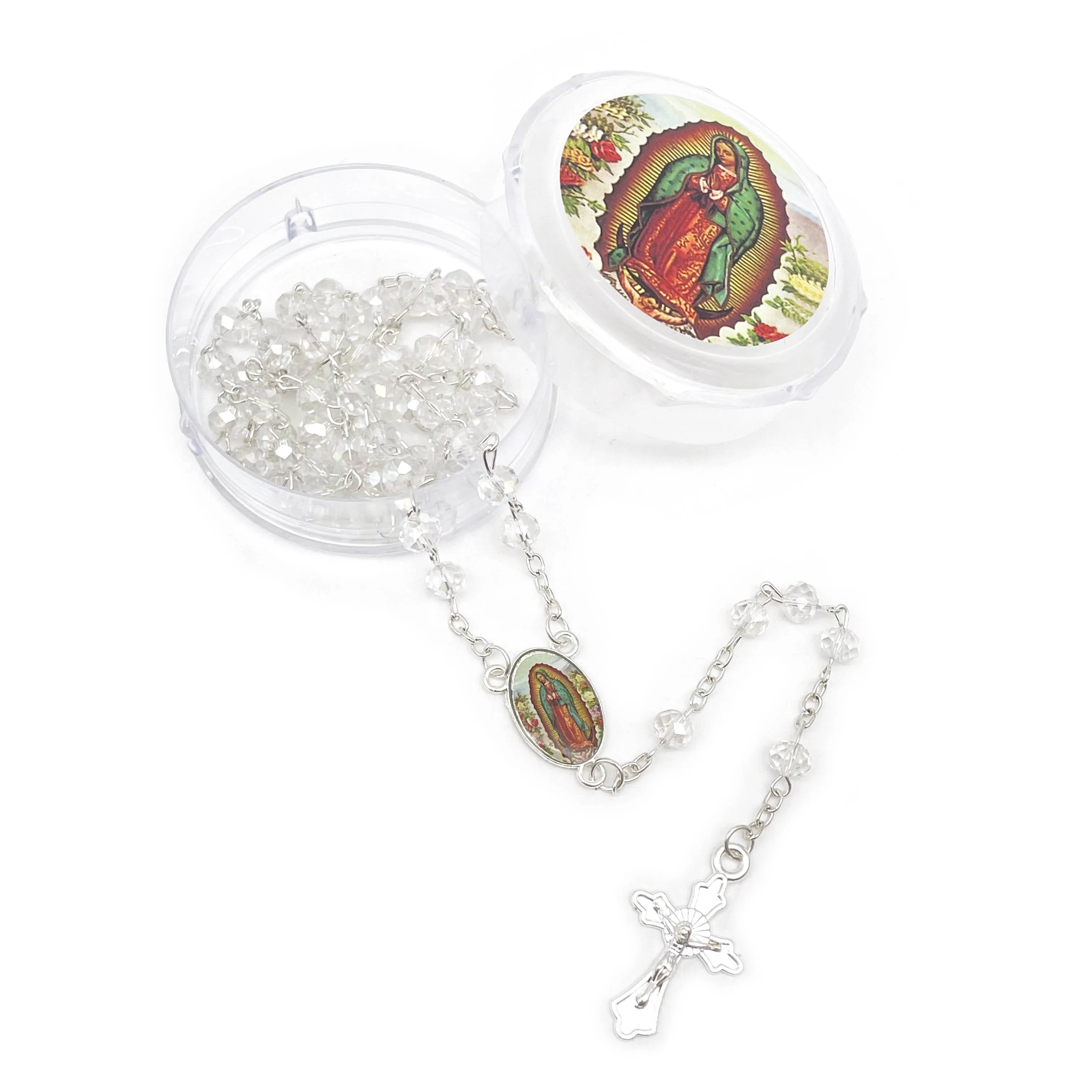 12 Pcs Crystal Rosary Necklace with Crucifix and Virgin Mary Medal, Prayer Bead Chain with Storage Case Religious Gift for Baptism First Communion Confirmation